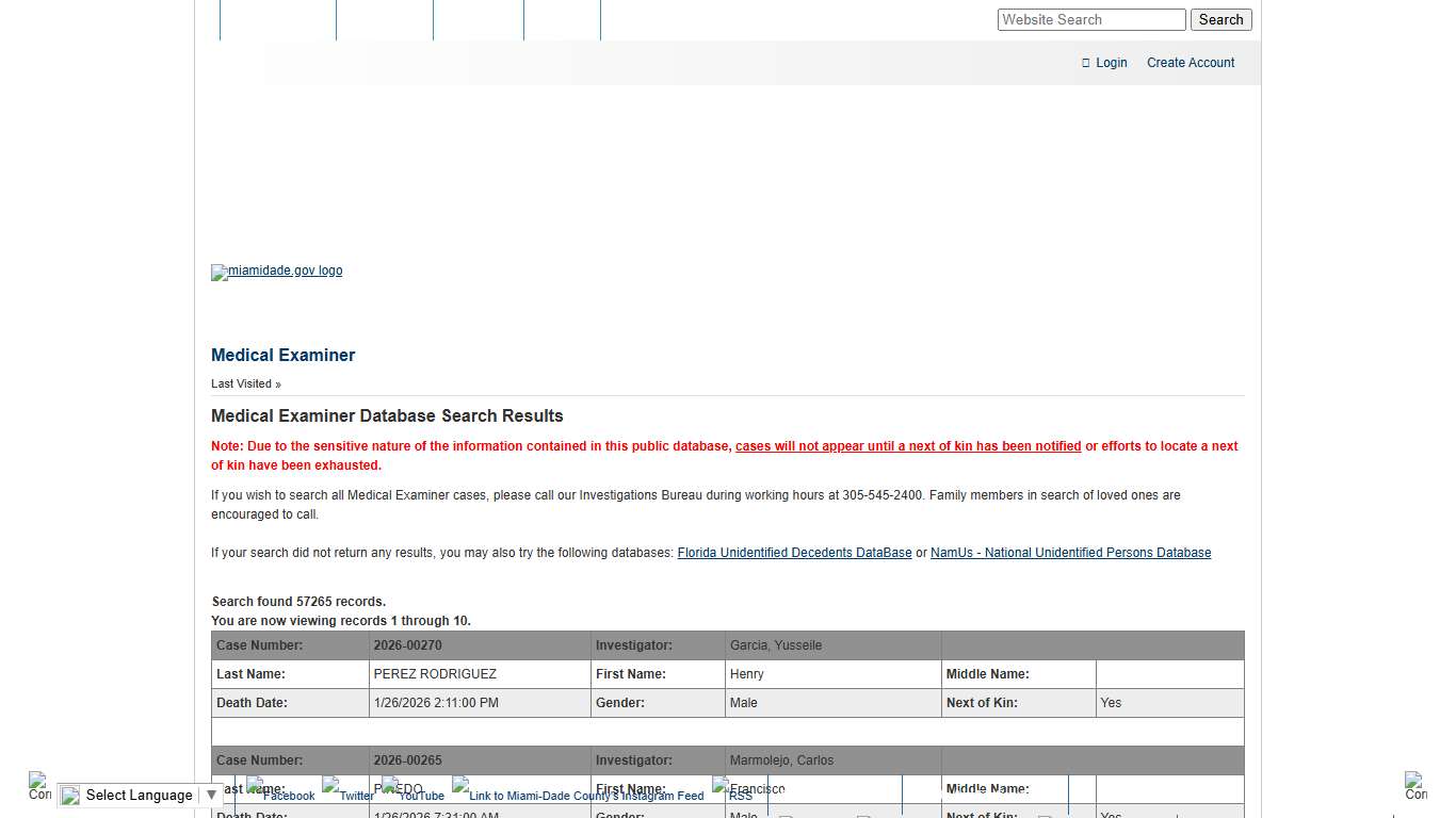 Miami-Dade County - Medical Examiner - Medical Examiner Database Search Results